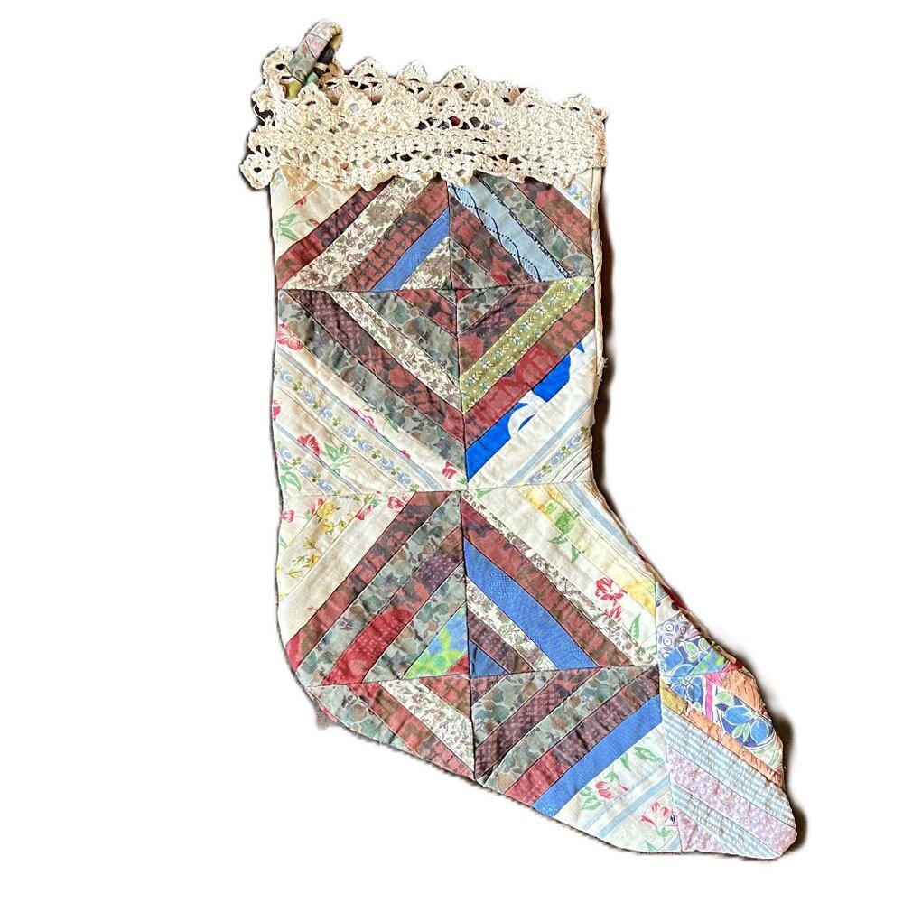Multi-Color Vintage Handmade Quilt and Lace Christmas Stocking